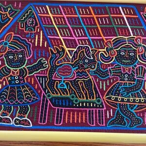Vintage Panama Mola Framed. Two girls, toy horse cookoo clock. Yellow frame.